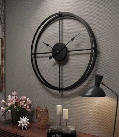 24-inch black metal wall clock with a vintage pattern, featuring classic elegance and designed to complement contemporary and modern home decor."