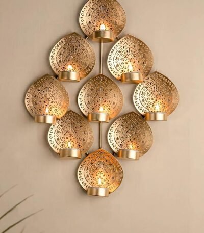 Elegant Golden 9-Leaf Iron Tealight Candle Holder