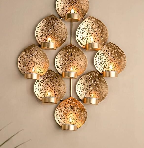 Elegant Golden 9-Leaf Iron Tealight Candle Holder