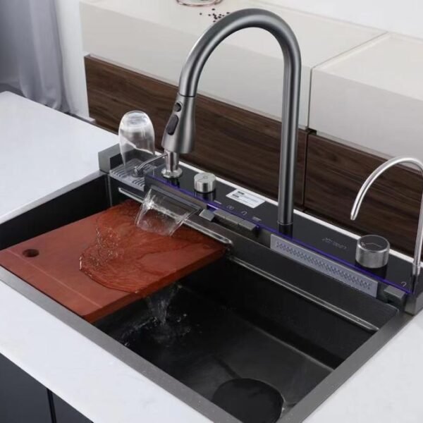 Premium Stainless Steel Waterfall Kitchen Sink with Integrated Dishwasher and Modern Faucet – Stylish and Functional Solution for Your Kitchen”