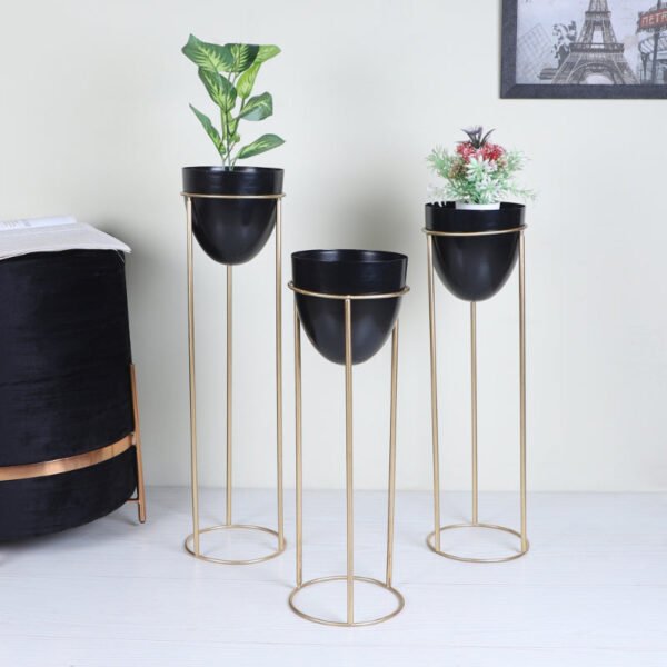 Casa Houm Ovate Tall Planters Set Of 3 – Black with Gold Stand