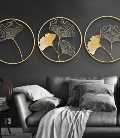 Casa Houm Metal Round Golden Leaves Decorative Wall Art/Hanging For Home Living Room Decor - Set of 3