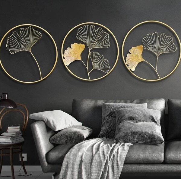 Casa Houm Metal Round Golden Leaves Decorative Wall Art/Hanging For Home Living Room Decor - Set of 3